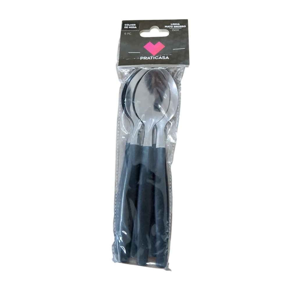 Kit 6 Colheres de Mesa Inox Linha Mato Grosso Cabo Preto 20cm Mesa Jantar - Imagem 3