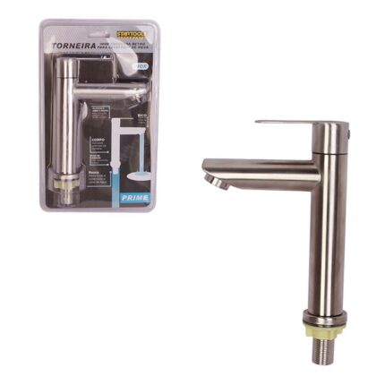 Torneira de Mesa Retro Inox Escovada para Lavatório 119mm Bica Alta Monocomando