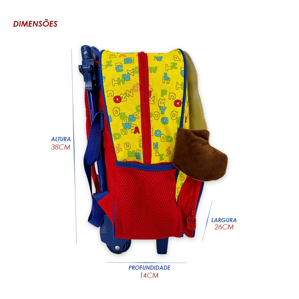 Mochila Infantil Escolar Ursinho com Rodinhas Amarela e Vermelha Resistente 16 Litros - Imagem 3