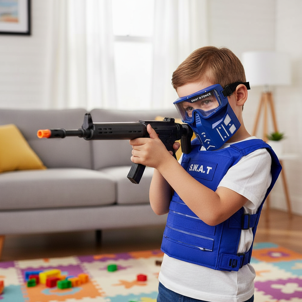 Brinquedo Kit Policial Colete Azul com Rifle e Acessórios Infantil Resistente Segurança - Imagem 3