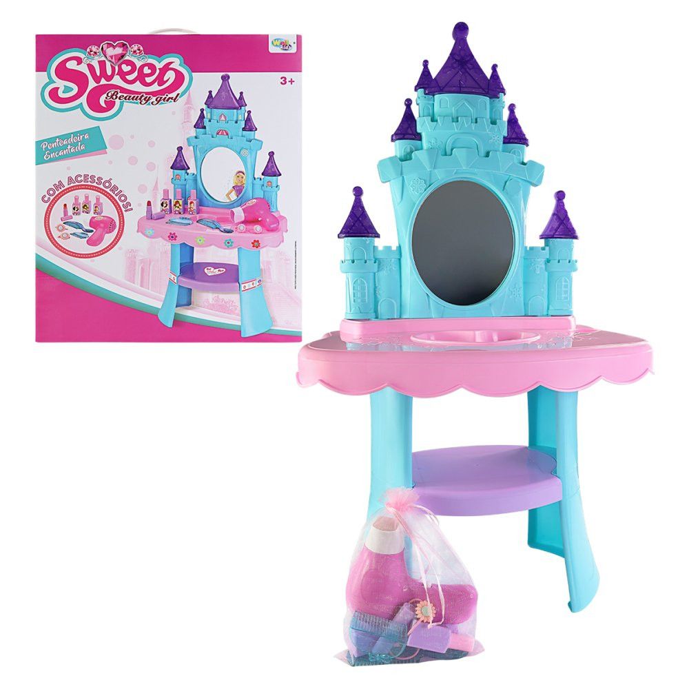 Salão de Beleza Infantil Penteadeira com Acessórios Completa Espelho Cadeira Rosa - Imagem 5