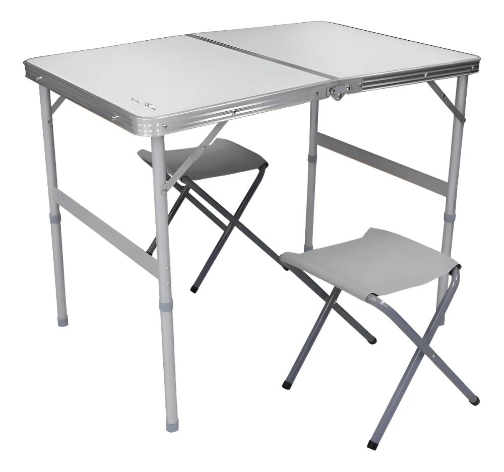 Mesa Dobrável Tipo Maleta com 2 Banquetas Compacta Portátil para Área Externa Jardim