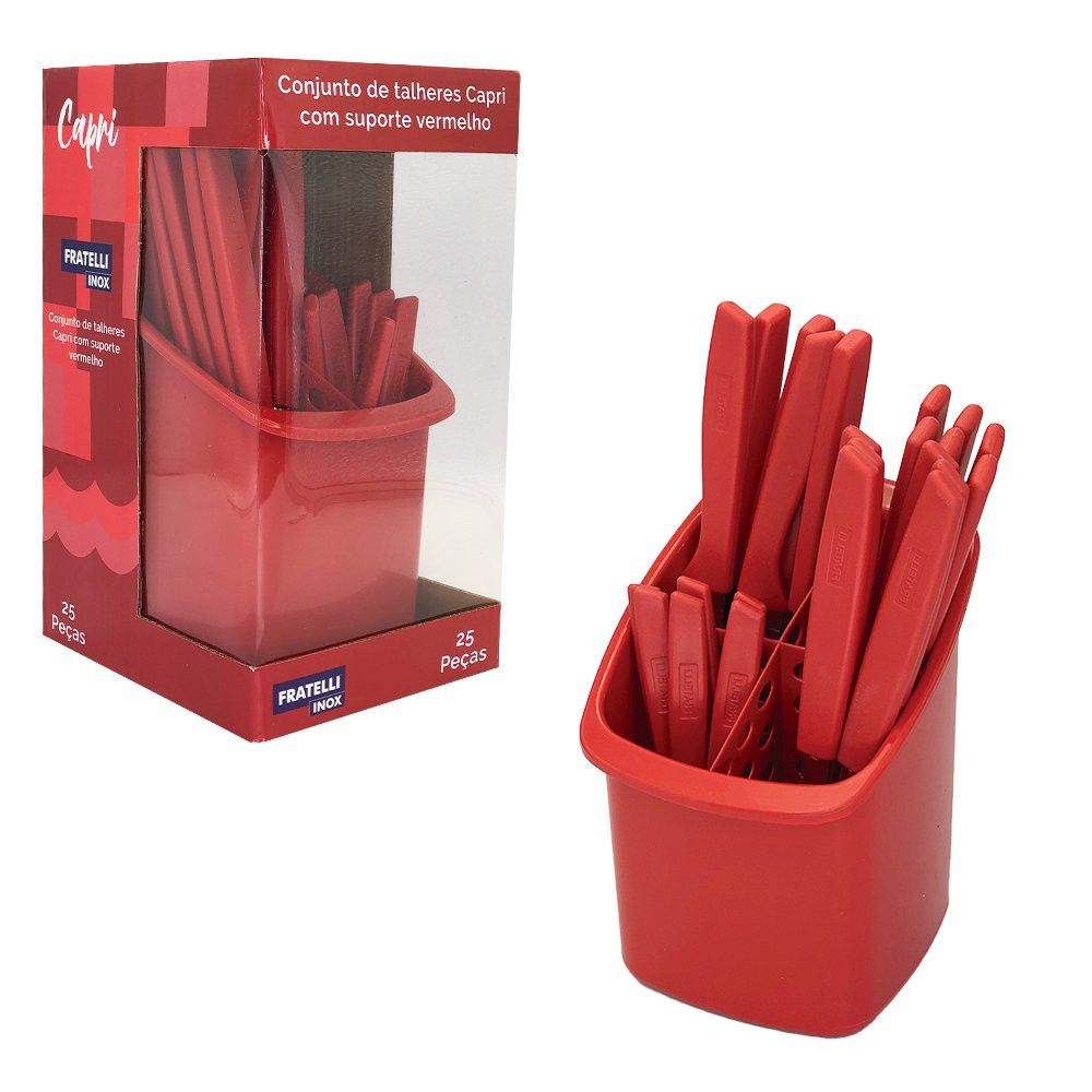Conjunto Talheres Capri 25 Peças Aço Inox Vermelho Resistente Para Cozinha Mesa - Imagem 4