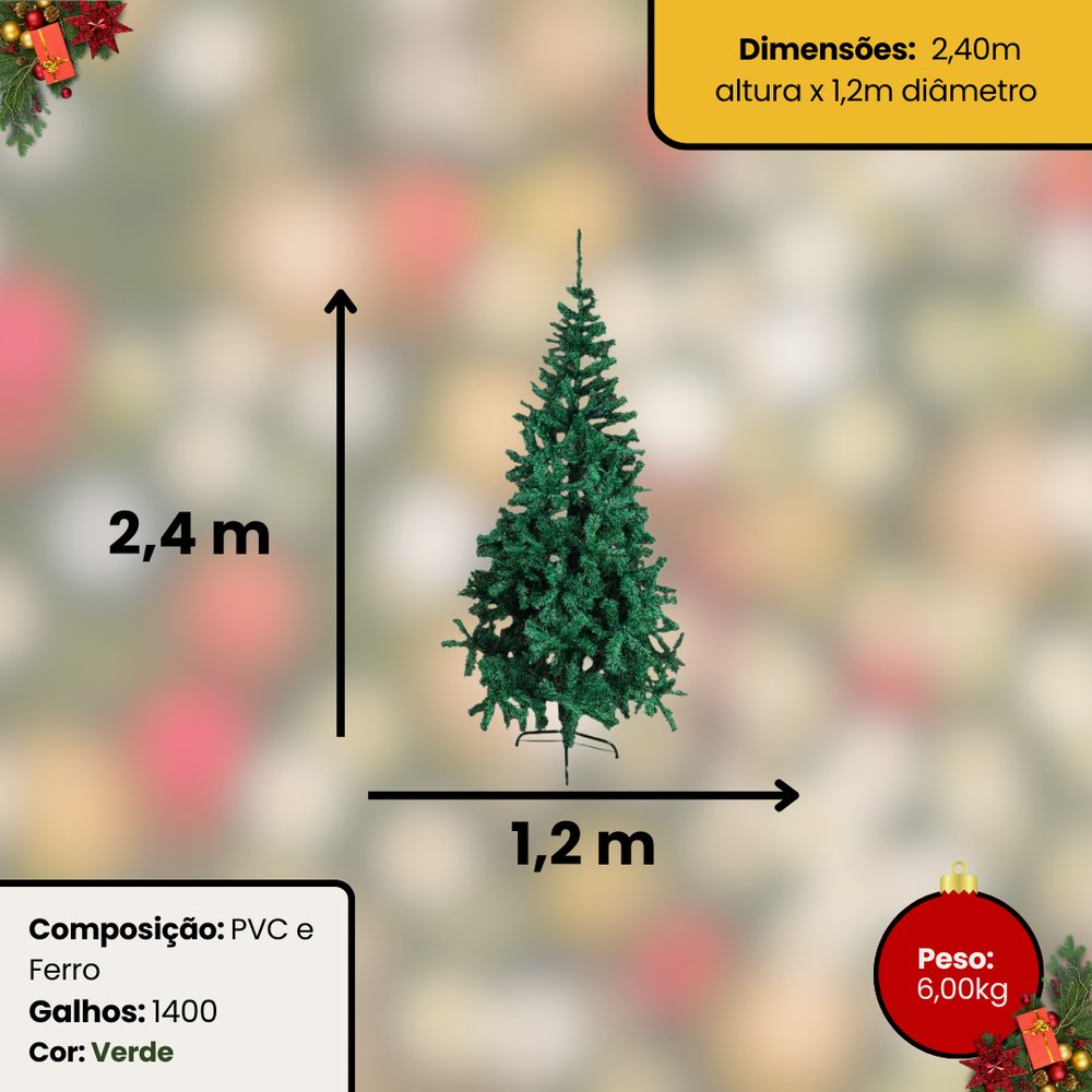Árvore de Natal Pinheiro 2,40m Verde 1.400 Galhos Decoração Natalina Moderna Resistente - Imagem 4