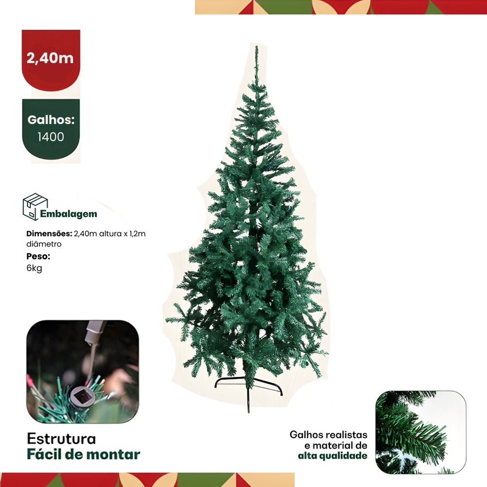 Árvore de Natal Pinheiro 2,40m Verde 1.400 Galhos Decoração Natalina Moderna Resistente - Imagem 3