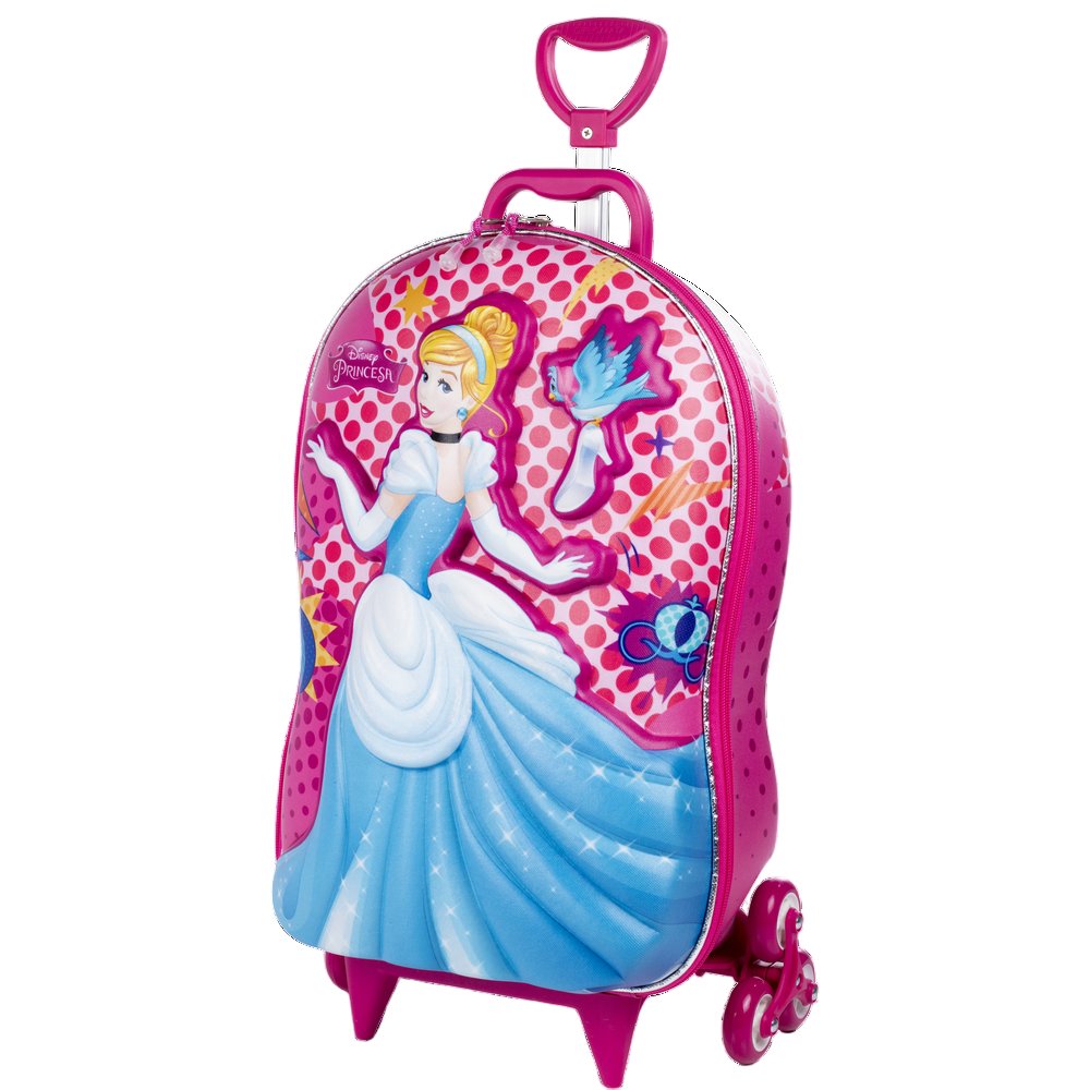 Mala Infantil Princesa Cinderela 3D com Rodinhas Rosa - Resistente, Leve, Tamanho Médio para Viagem - Imagem 4