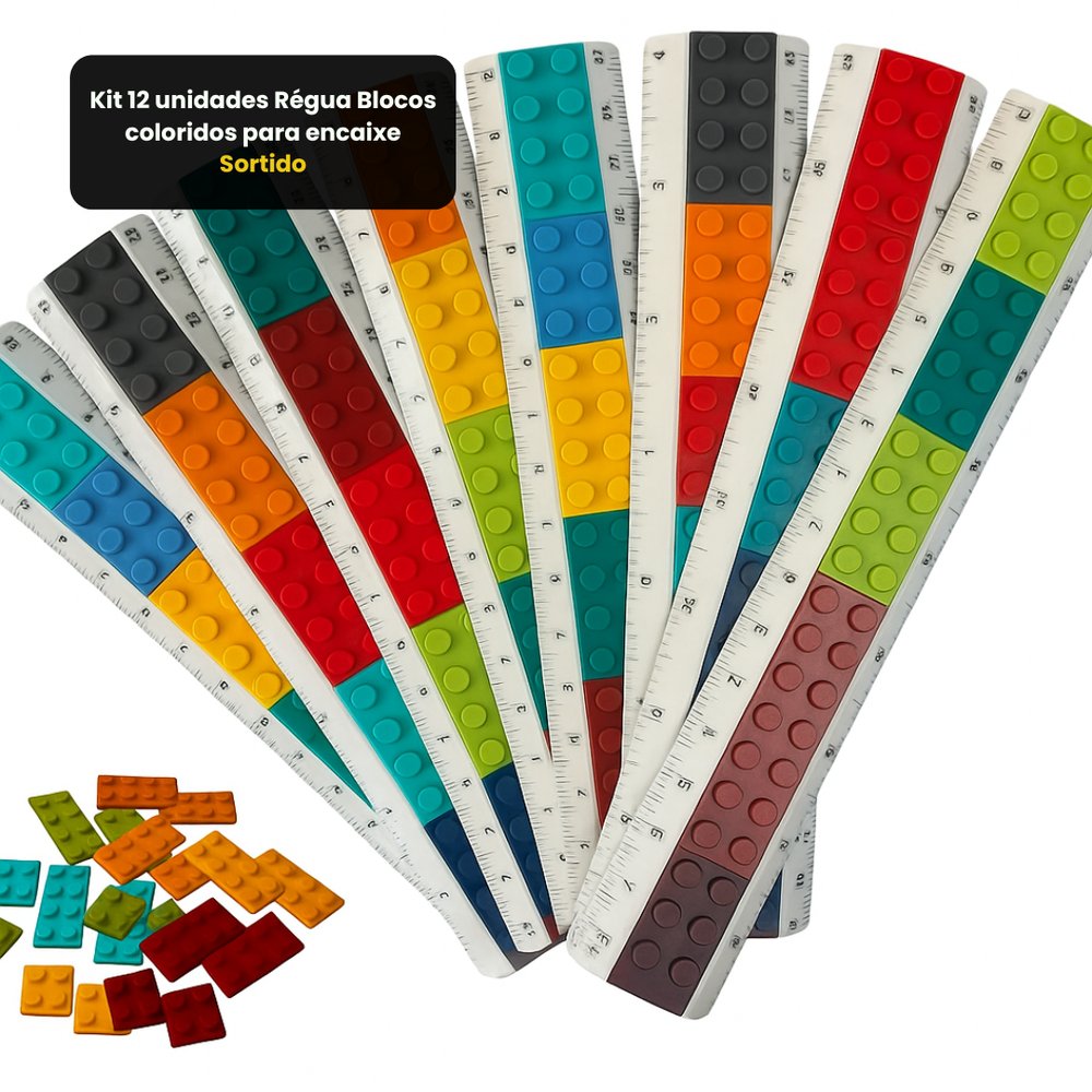 Kit 12 Unidades Régua Blocos Coloridos Para Encaixe Sortido Plástico Educativo Infantil - Imagem 3