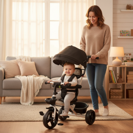 Triciclo Infantil Comfort Branco com Empurrador Ajustável e Rodas Antiderrapantes