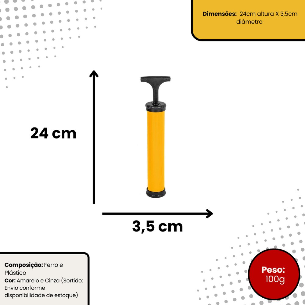 Bomba de Ar 24cm Manual Inflador Alta Pressão para Bicicleta e Bola com Mangueira Flexível - Imagem 3