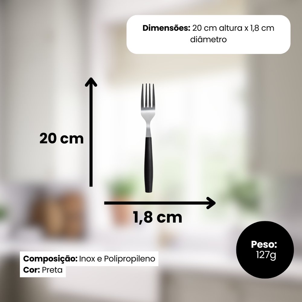 Kit 6 Garfos de Mesa Inox Linha Mato Grosso Cabo Preto Resistente e Antioxidante - Imagem 2