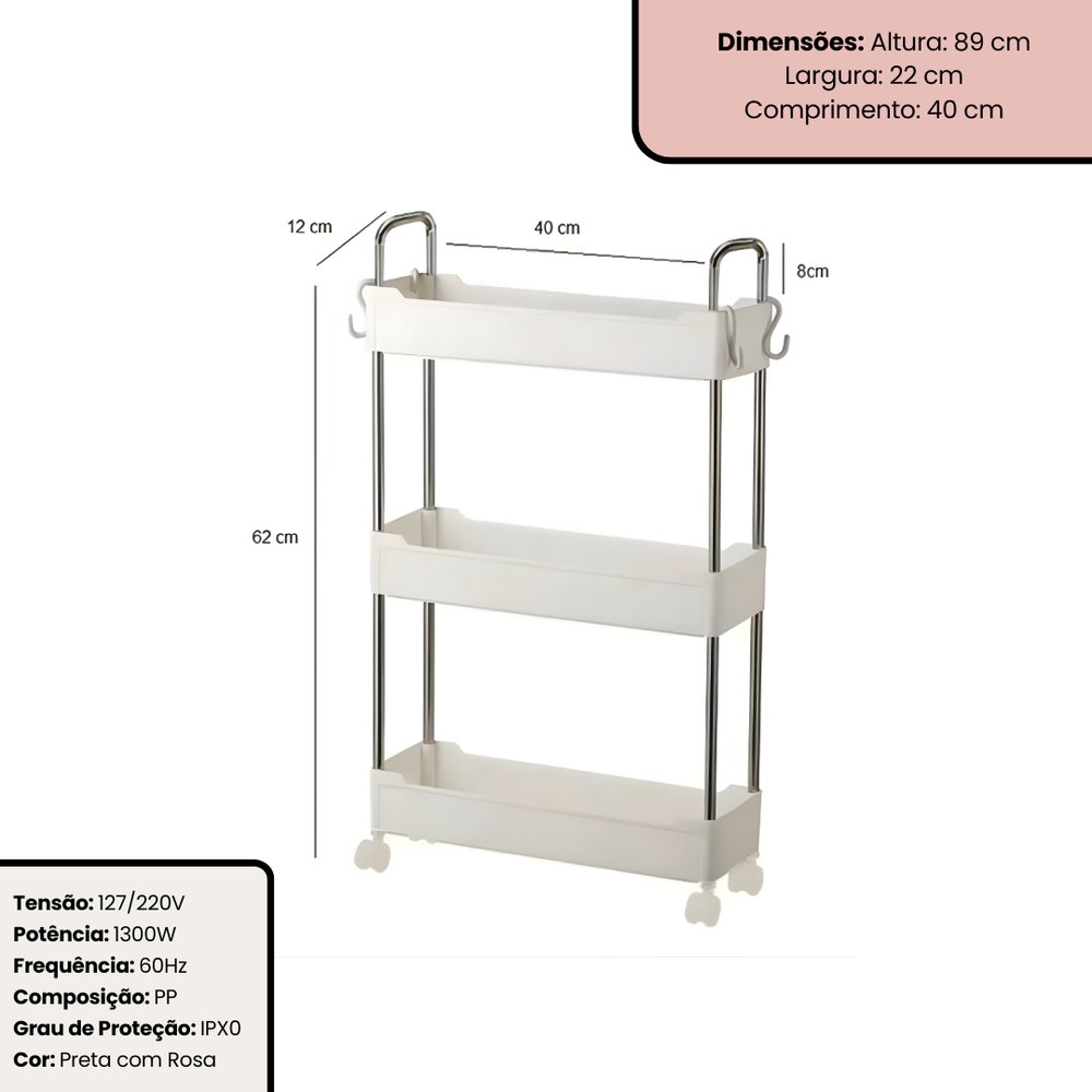Prateleira Multiuso 3 Andares com Rodinhas Branco 80x40x90cm Organizador Espaçoso Durável - Imagem 3