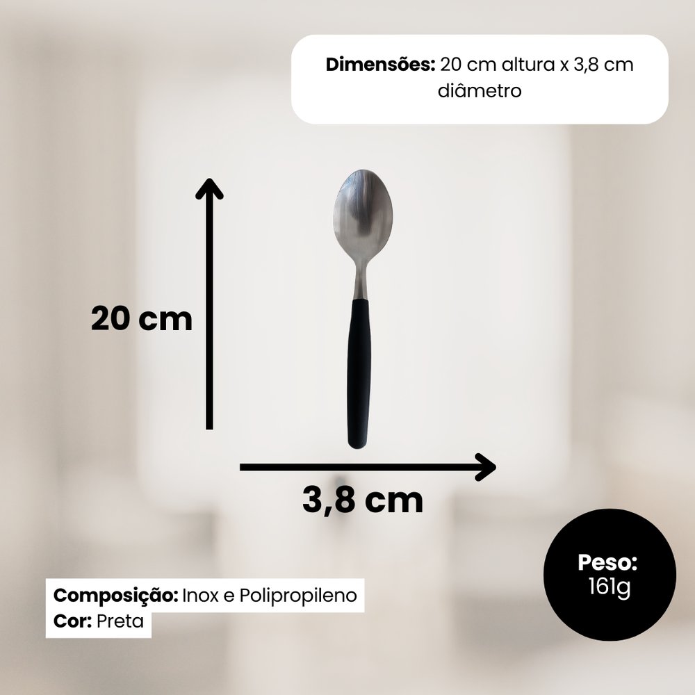 Kit 6 Colheres de Mesa Inox Linha Mato Grosso Cabo Preto 20cm Mesa Jantar - Imagem 4