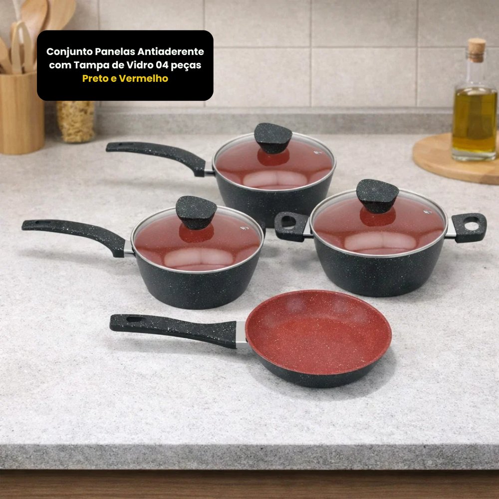 Conjunto Panelas Antiaderente 4 Peças Preto e Vermelho Tampa de Vidro Revestimento Durável - Imagem 2