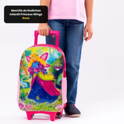 Mochila de Rodinhas Infantil Princess Wings Rosa 16 Polegadas Escolar Rodinhas Reforçadas