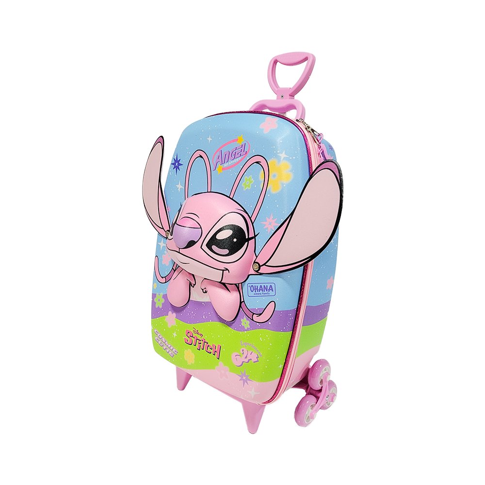 Mala Infantil Angel Stitch 3D com Rodinhas Azul Resistente Viagem Escolar Infantil Pequena - Imagem 4