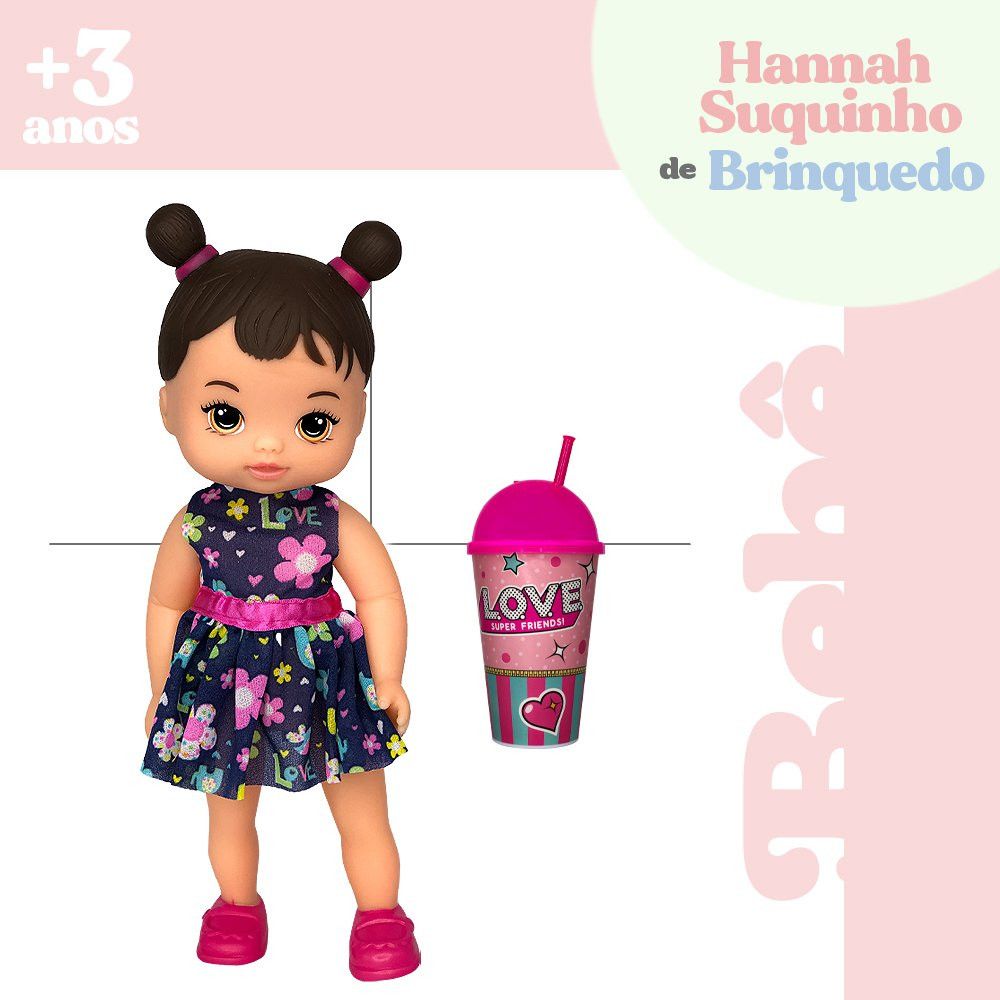 Boneca Hannah Suquinho com Copo 30cm Corpo Macio Roupas Coloridas Acessórios Inclusos - Imagem 2
