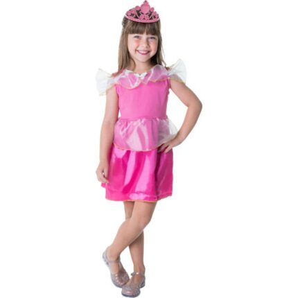 Kit Infantil Fantasia Princesa Rosa M - Vestido Luxo, Tiara, Varinha, Carnaval e Festa