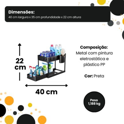 Organizador Multiuso 2 Níveis com Bandeja Corrediça Preto para Cozinha Escritório Banheiro