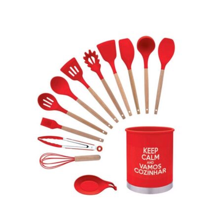 Kit Utensílios de Cozinha Silicone 13 Peças Vermelho Antiaderente Resistente ao Calor