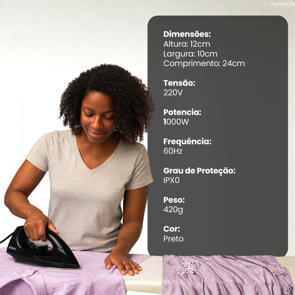 Ferro de Passar a Seco Soft 220V Preto Antiaderente Leve e Compacto Econômico - Imagem 4