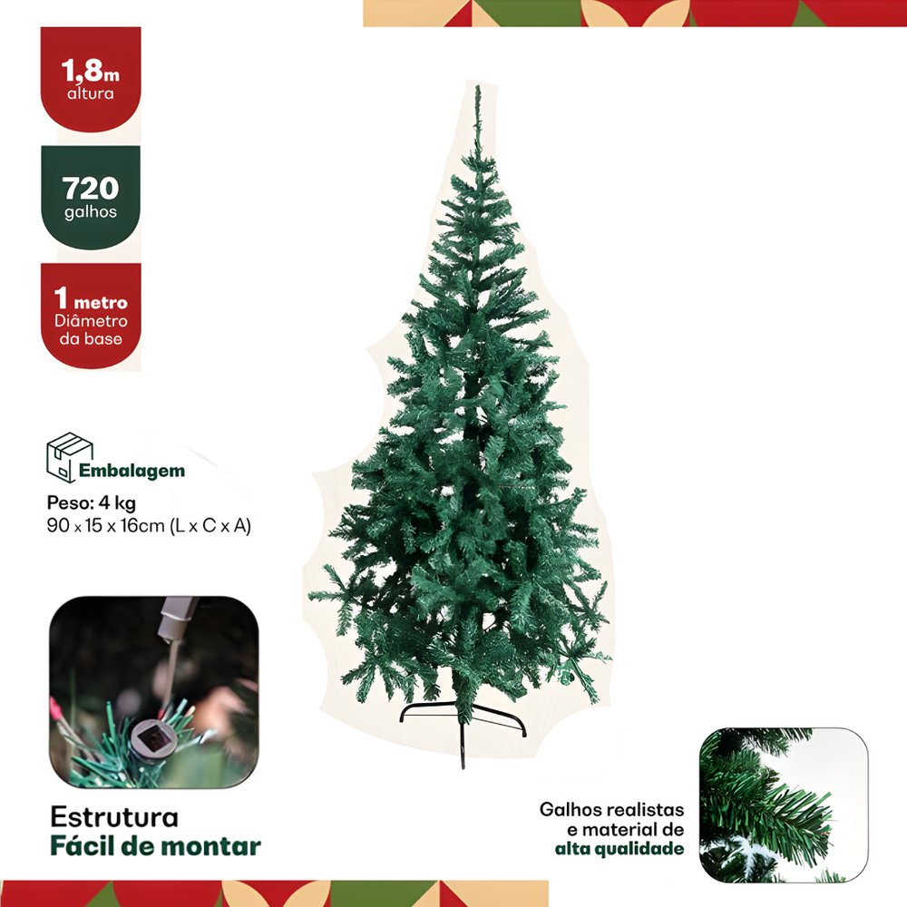 Árvore de Natal Pinheiro 1,80m Verde 720 Galhos Folhagem Densa Decoração Natal - Imagem 4