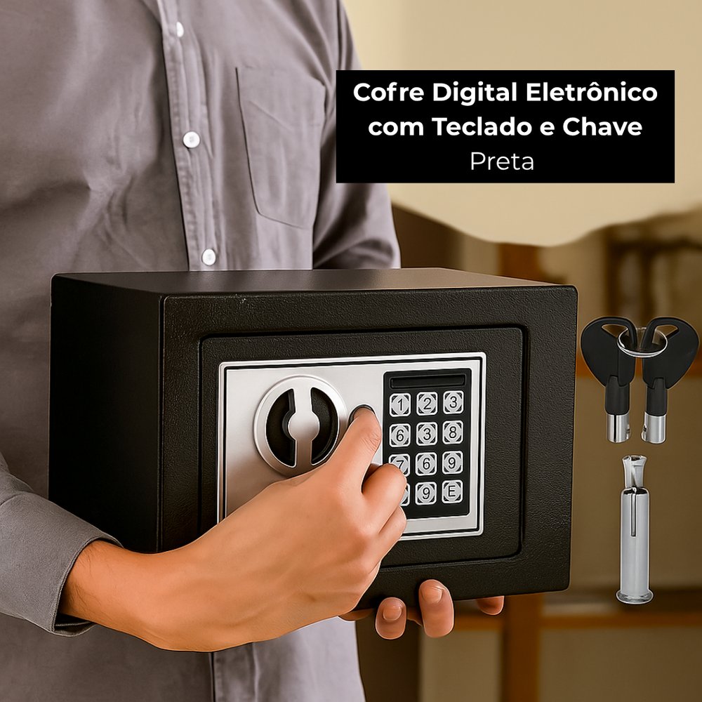 Cofre Digital Eletrônico com Teclado e Chave Preto 20x15x15cm Segredo Seguro Residencial e Escritório - Imagem 3