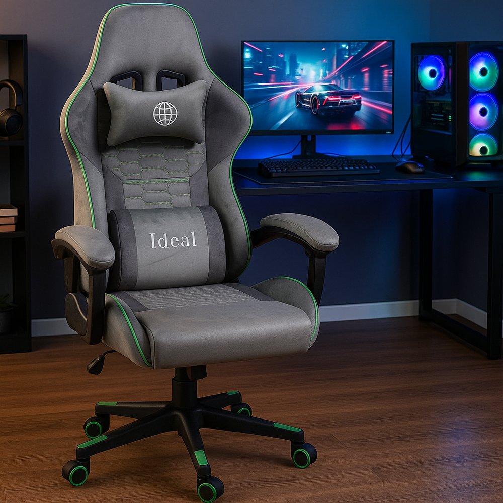 Cadeira Gamer Giratória Cinza com Ajuste de Altura e Encosto Reclinável Confortável - Imagem 5