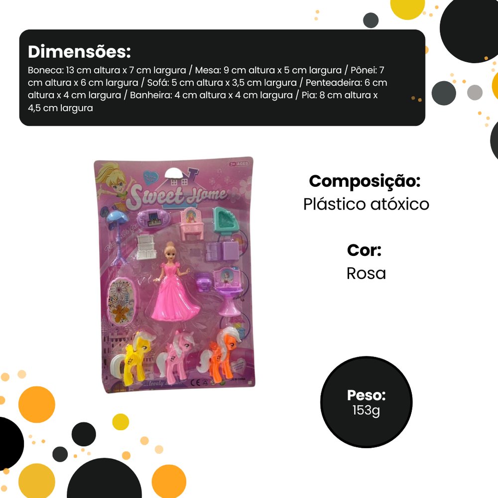 Conjunto Boneca Pôneis com Acessórios Rosa Brinquedo Infantil Moda e Diversão - Imagem 2