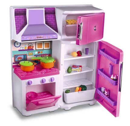 Cozinha Infantil Completa Rosa Fogão Geladeira Coifa Brinquedo Educativo 3 Peças
