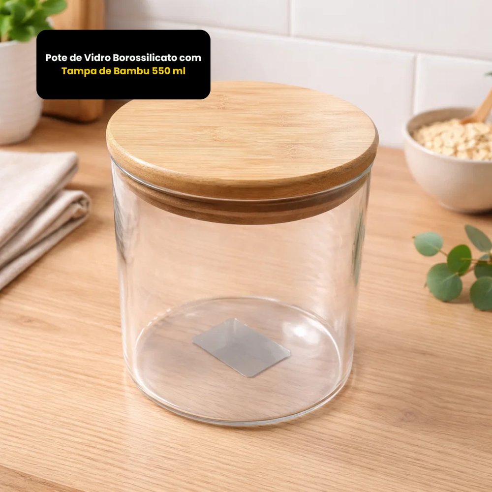 Pote de Borossilicato 550 ml com Tampa de Bambu Hermético Transparente Resistente - Imagem 2