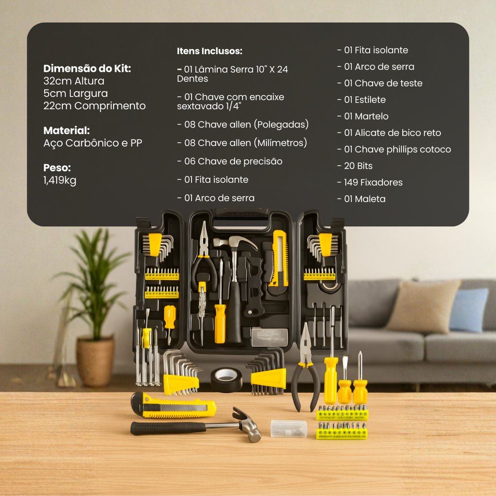 Jogo de Ferramenta com Maleta 200 Peças Kit Completo Profissional Aço Carbono Preto - Imagem 2