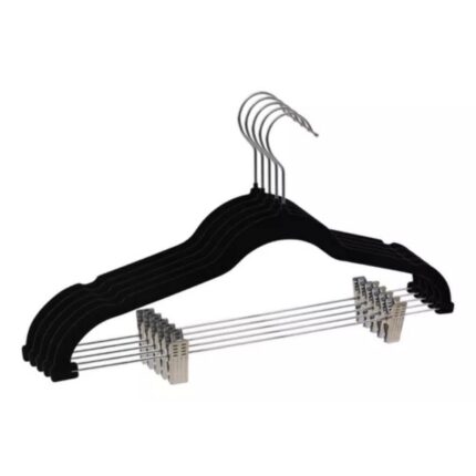 Kit 5 Cabides Slim Veludo Preto com 10 Presilhas Antideslizantes para Roupas Delicadas
