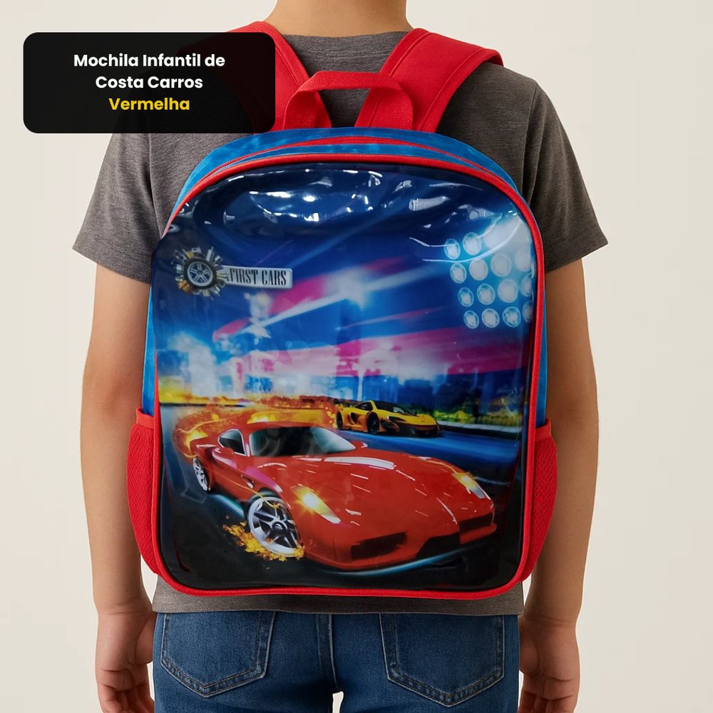 Mochila Infantil de Costa Carros Vermelha Escola Resistente Bolsa Escolar 16L - Imagem 4