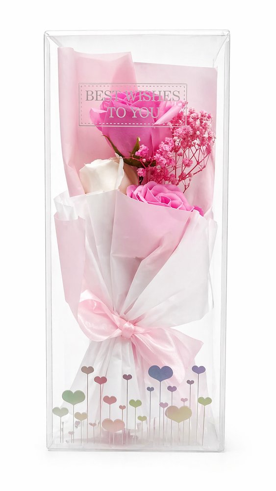 Buquê Decorativo Rosa Com Caixa Transparente - Rosa - Imagem 3