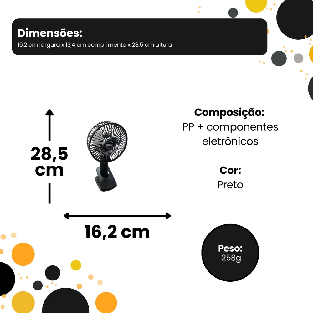 Mini Ventilador de Mesa Recarregável USB Preto Compacto 3 Velocidades Silencioso Portátil - Imagem 6