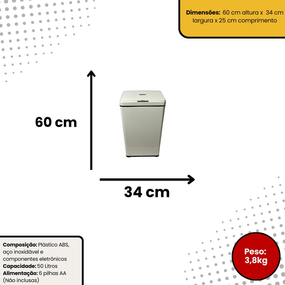 Lixeira Automática Retangular 50 Litros com Sensor de Movimento Branca com Tampa Antiodor - Imagem 6