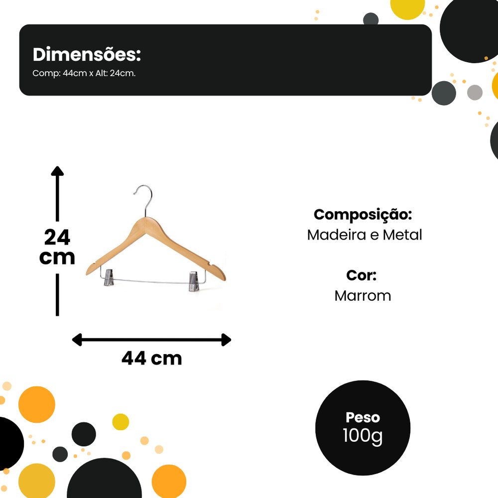 Cabide de Madeira com Presilhas Verniz Natural 40cm para Roupas Calças Saias - Imagem 6
