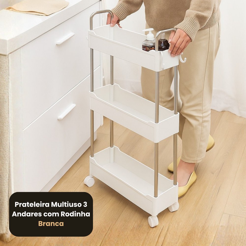 Prateleira Multiuso 3 Andares com Rodinhas Branco 80x40x90cm Organizador Espaçoso Durável - Imagem 5