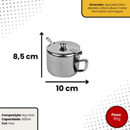 Açucareiro de Aço Inox 420ml com Colher Lavável Resistente para Cozinha