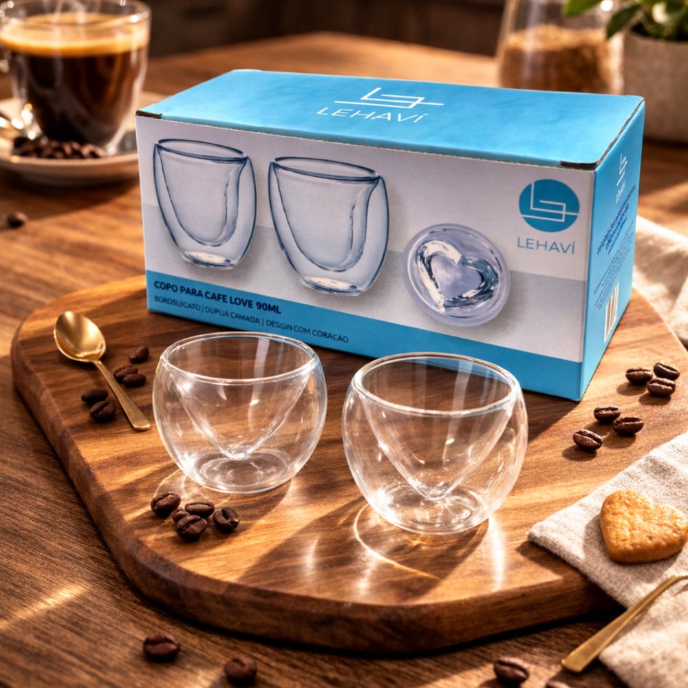 Conjunto Dois Copos Café Borossilicato Love Coração 90ml - Imagem 3