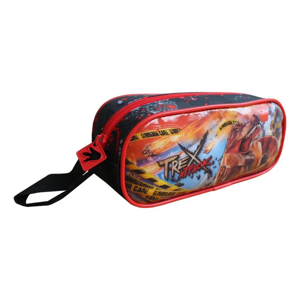 Estojo Escolar T-Rex Attack Preto e Vermelho com Compartimentos para Lápis e Canetas Grande 25cm - Imagem 10