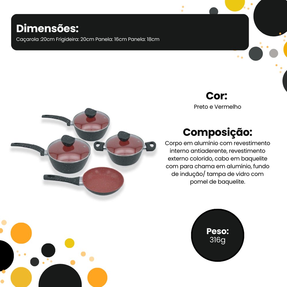 Conjunto Panelas Antiaderente 4 Peças Preto e Vermelho Tampa de Vidro Revestimento Durável - Imagem 3