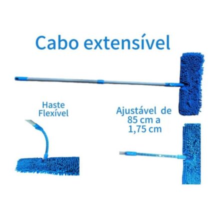 Esfregão Flat Cabo Extensível 1,2m Microfibra Reutilizável para Limpeza de Piso e Superfícies