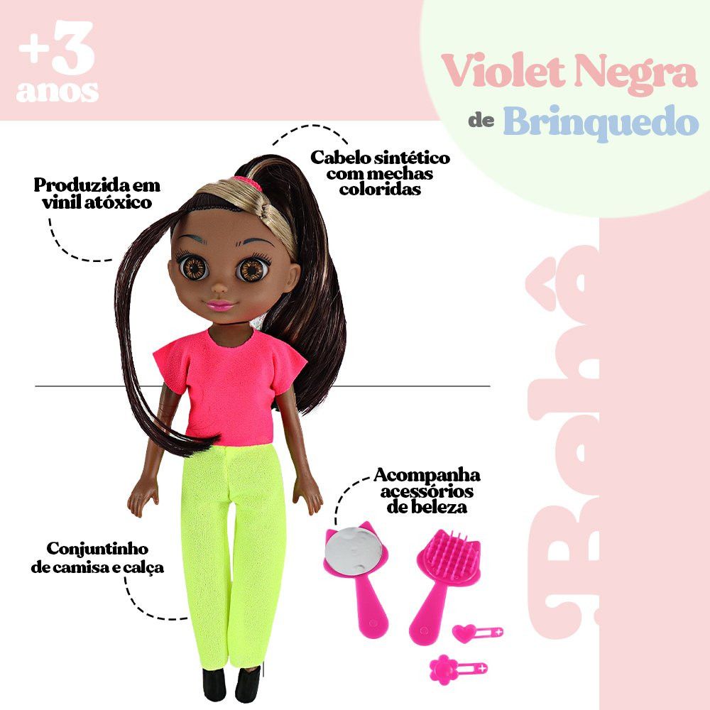 Boneca Violet Negra 30cm com Acessórios Pente Espelho e Prendedores de Cabelo Completo - Imagem 7