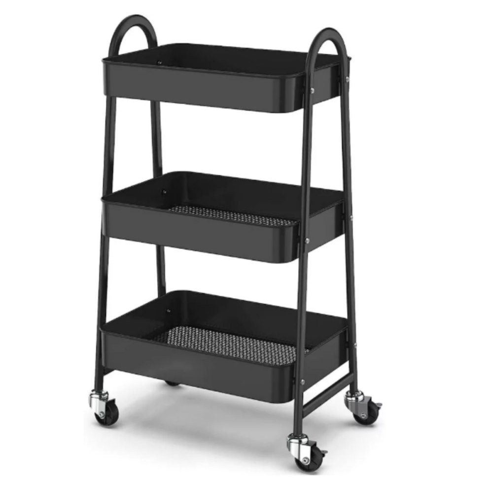 Prateleira de Metal Multiuso 3 Andares com Rodinhas Preto Resistente Organizador