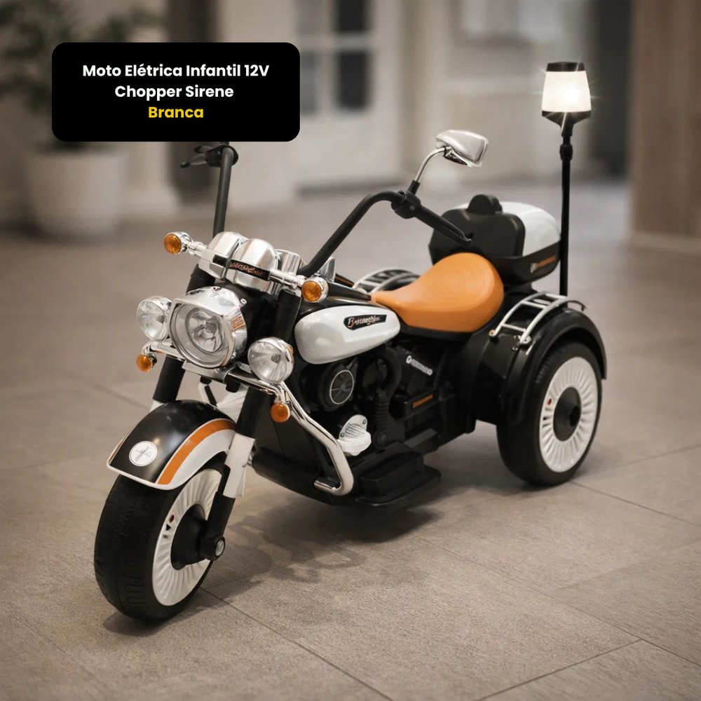Moto Elétrica Infantil 12V Chopper Branca com Sirene e Rodas de Borracha - Veículo Criança - Imagem 7