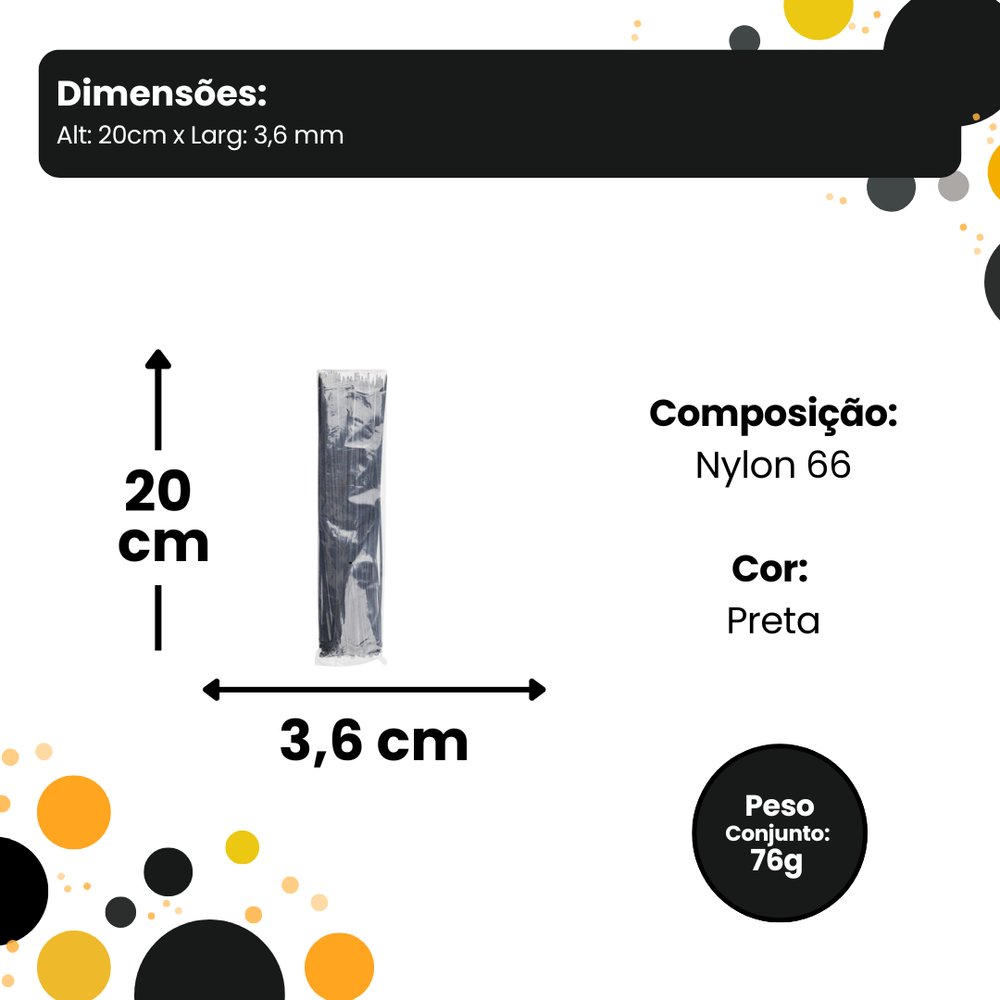 Abraçadeira de Nylon 20cm x 3,6mm 100 Unidades Preta Resistência Alta Fixação Organizador Cabo - Imagem 5