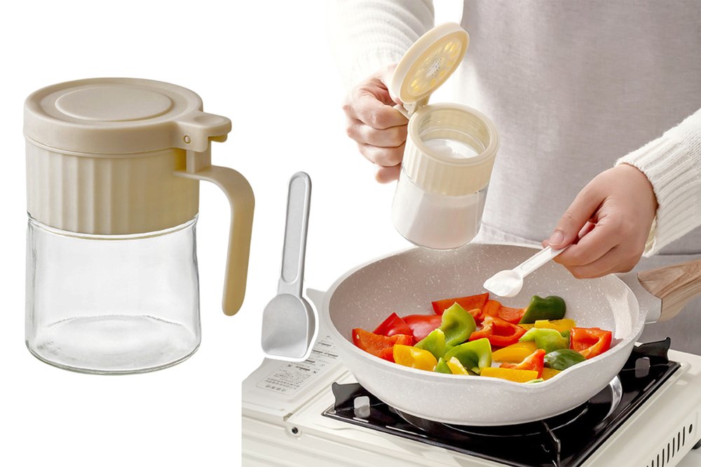 Porta Condimentos Redondo Vidro 280ml com Colher Tampa Hermética Acessório Cozinha - Imagem 2