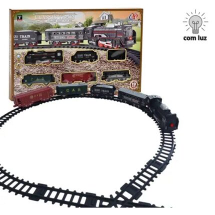 Trem Locomotivo Infantil com Luz, Trilhos e 3 Vagões Coloridos - Brinquedo Educativo