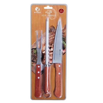 Kit 3 Peças Para Churrasco Cabo de Madeira Aço Inox Facas Garfo Espátula